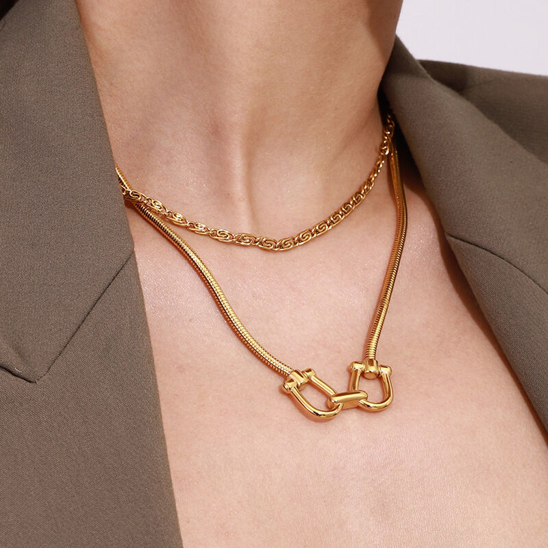 1 pezzo semplice serie  linea acciaio inossidabile color oro collane con ciondolo da donna h5 Immagine3