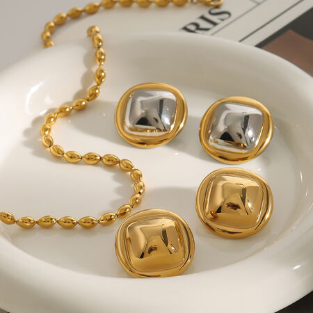 1 Pair Simple Series Modern Quadrilateral & Annular Shape Stainless Steel Waterproof Gold Color Women's Stud Earrings