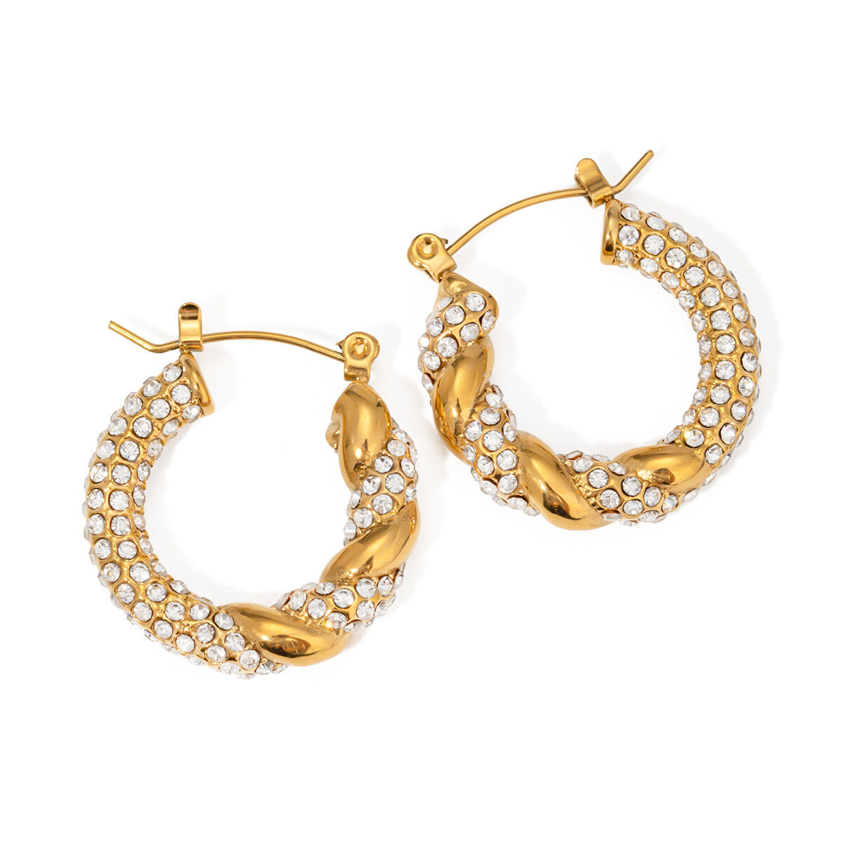 1 paire de boucles d'oreilles créoles torsadées classiques en acier inoxydable plaqué or  avec strass pour femme h5 Image5