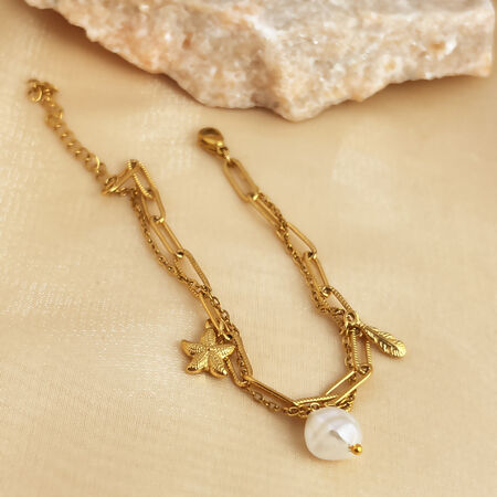 1 stuk Vakantieserie Dubbellaagse Exquisite Schelp Roestvrij Staal Waterdicht Goudkleurige Damesarmband met bedeltjes 2