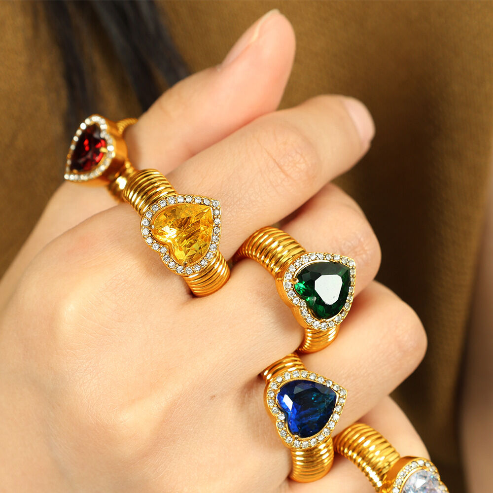 1 pair romantic series retro heart colorful stainless steel gold color plated zircon women's single rings Picture5
