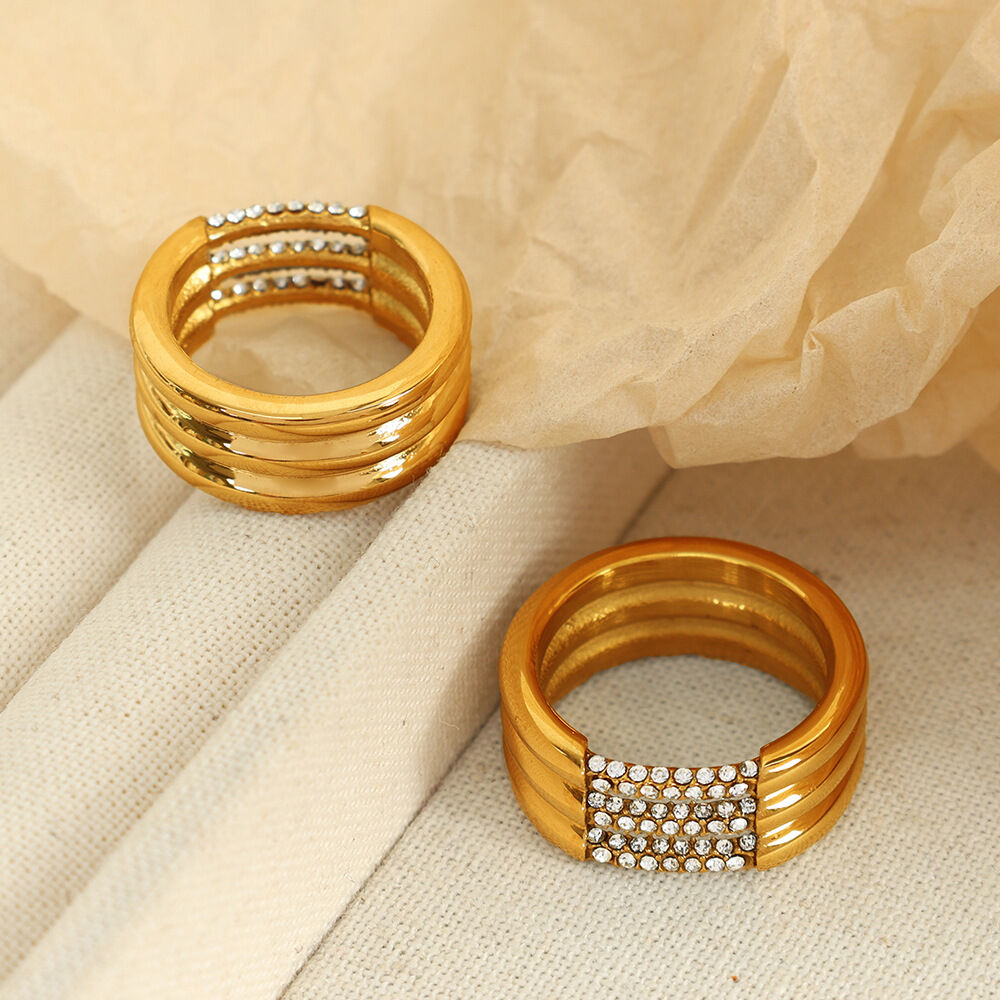 1 paio di anelli singoli da donna in acciaio inossidabile con strass placcati in oro , semplici e geometrici h5Immagine4