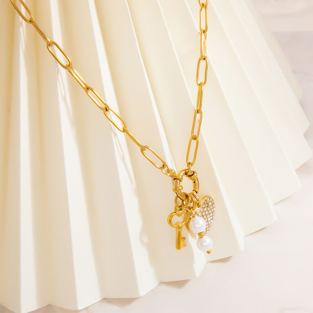 1 piece classic series daily heart stainless steel  gold color plated rhinestone women's pendant necklaces 2
