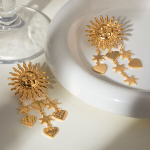 1 paire de boucles d'oreilles pendantes rétro soleil/lune en acier inoxydable plaqué or pour femme h5 Image5