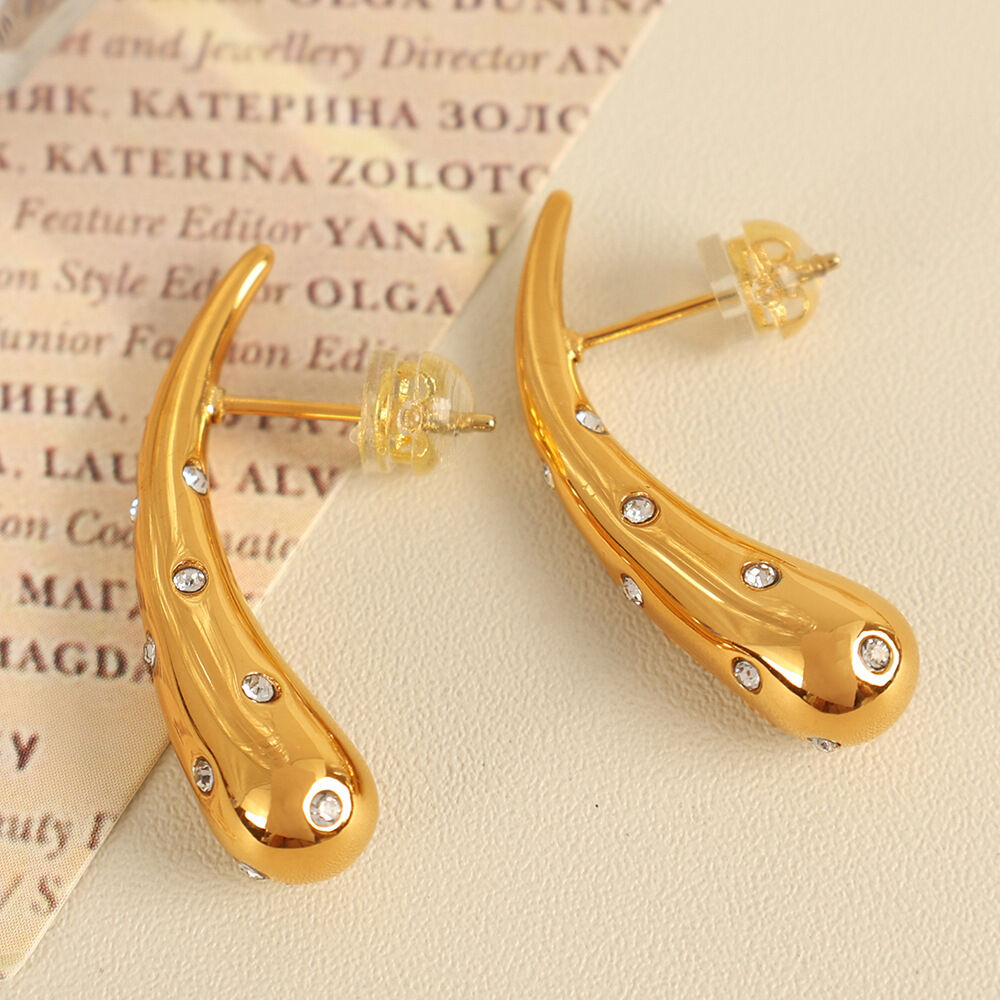 1 pair simple series simple droplet stainless steel gold plated rhinestone women stud earrings h5 Picture5