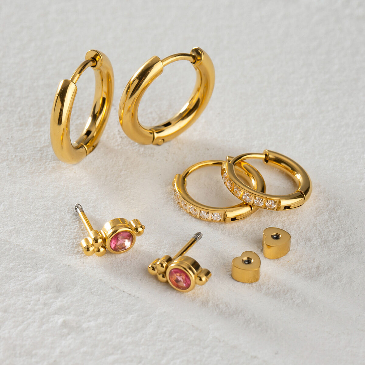 1 piece luxurious sweet style geometric stainless steel  gold plated inlay pink rhinestone women's earrings set