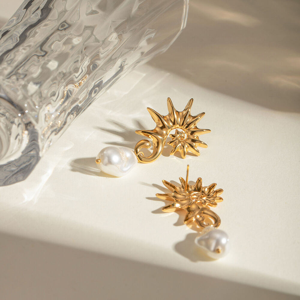 cross-border style gold stainless steel seahorse thread-shaped hanging special-shaped pearl earrings earrings jewelry h5Picture4