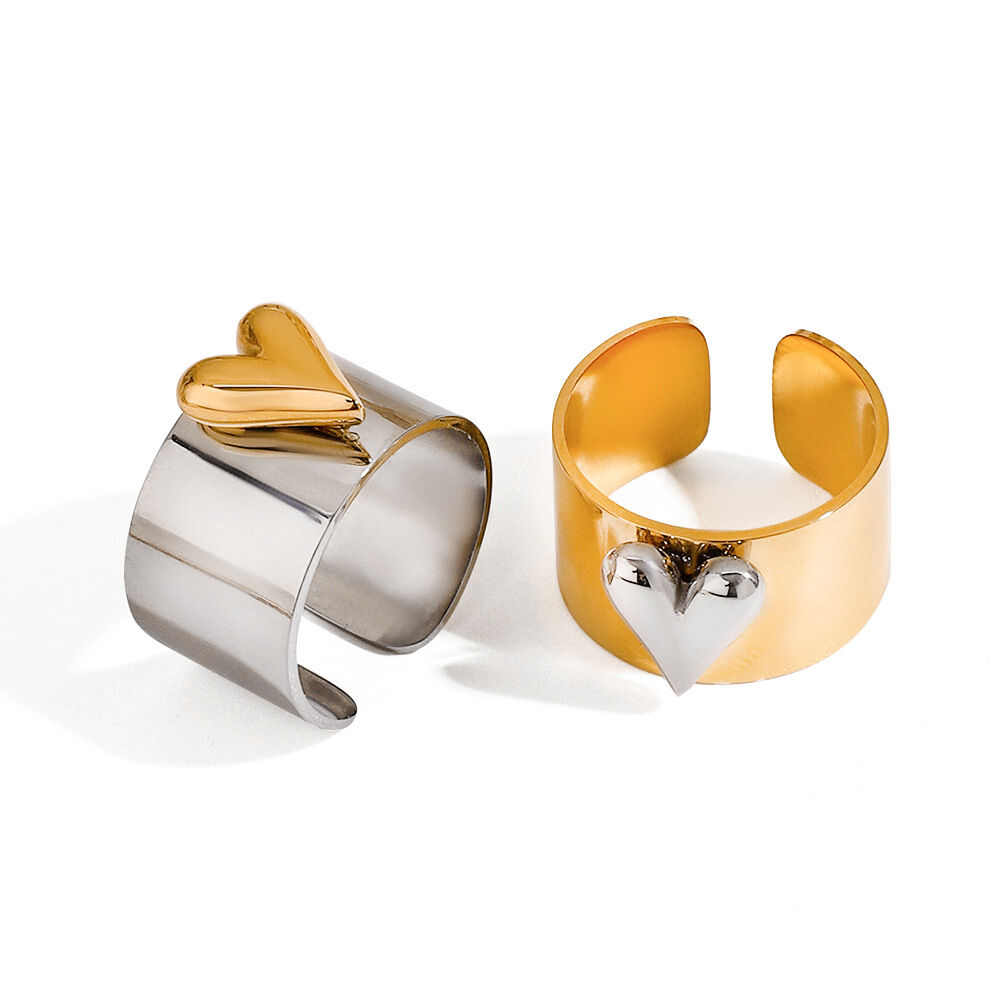 1 Pair Romantic Series Love Heart Fashionable Stainless Steel Waterproof Gold and Silver Color Women's Adjustable Rings h5 Picture10