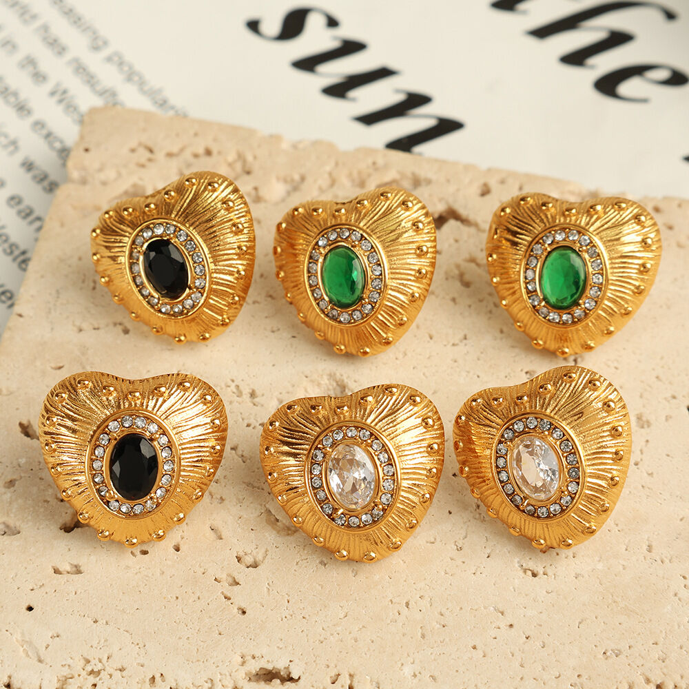 1 pair classic series retro heart stainless steel  gold plated zircon women stud earrings