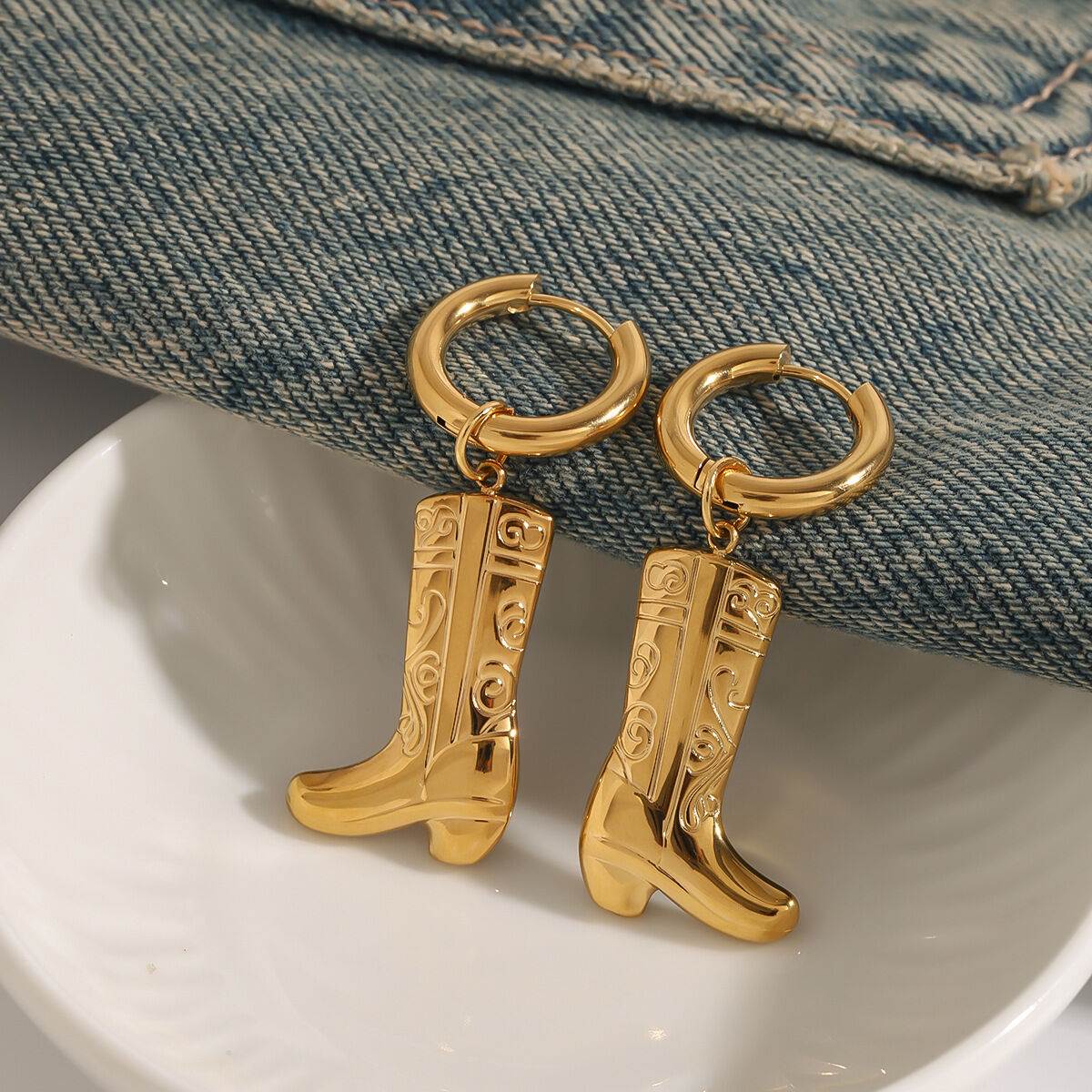 1 Pair Stylish Series Chic Boots Solid Color Stainless Steel Waterproof Gold Color Women's Drop Earrings 2