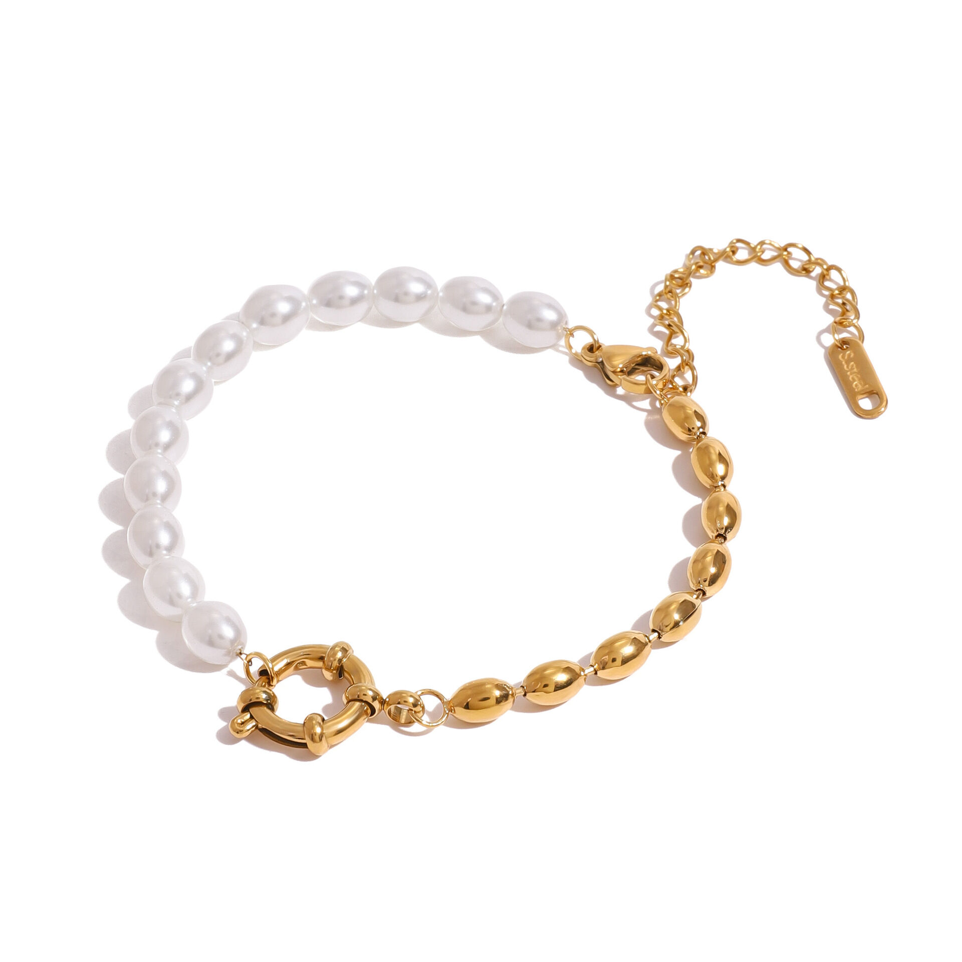 1 stück classic series  oval edelstahl 18 karat vergoldet kunstperle damen perlenarmbänder Bild7