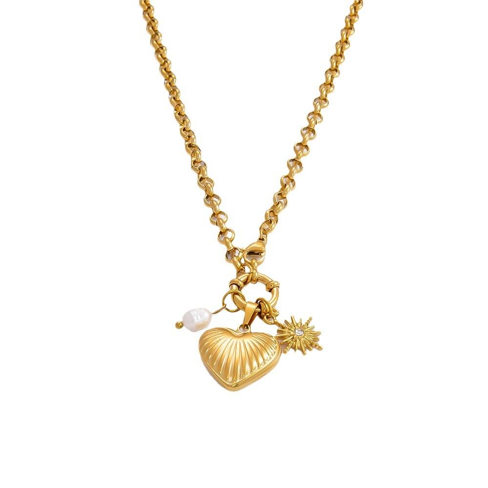 Collar con colgante de acero inoxidable chapado en oro de 18 quilates con diamantes de imitación para mujer, serie romántica, estilo retro, corazón h5Imagen8