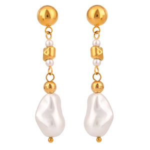 1 Paar romantische, exquisite, unregelmäßige, wasserfeste, goldfarbene Perlenohrringe aus Edelstahl für Damen. h5 Bild8