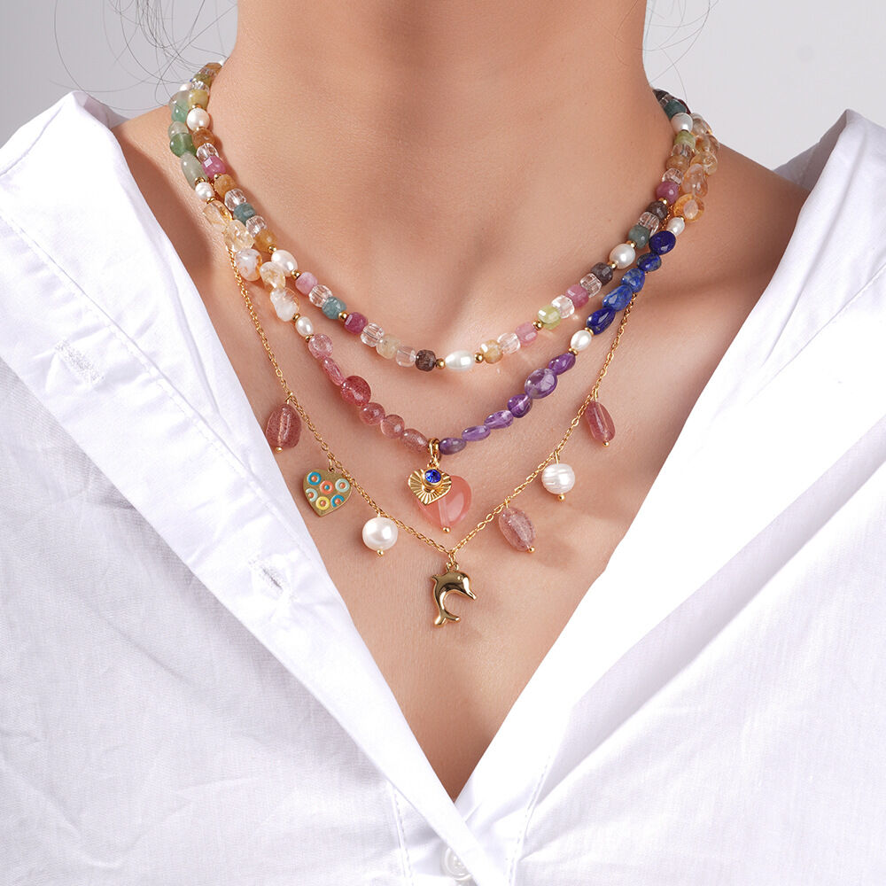 Collier pendentif femme élégant en forme de cœur, en acier inoxydable doré, étanche, avec pierre naturelle transparente (1 pièce) Image3
