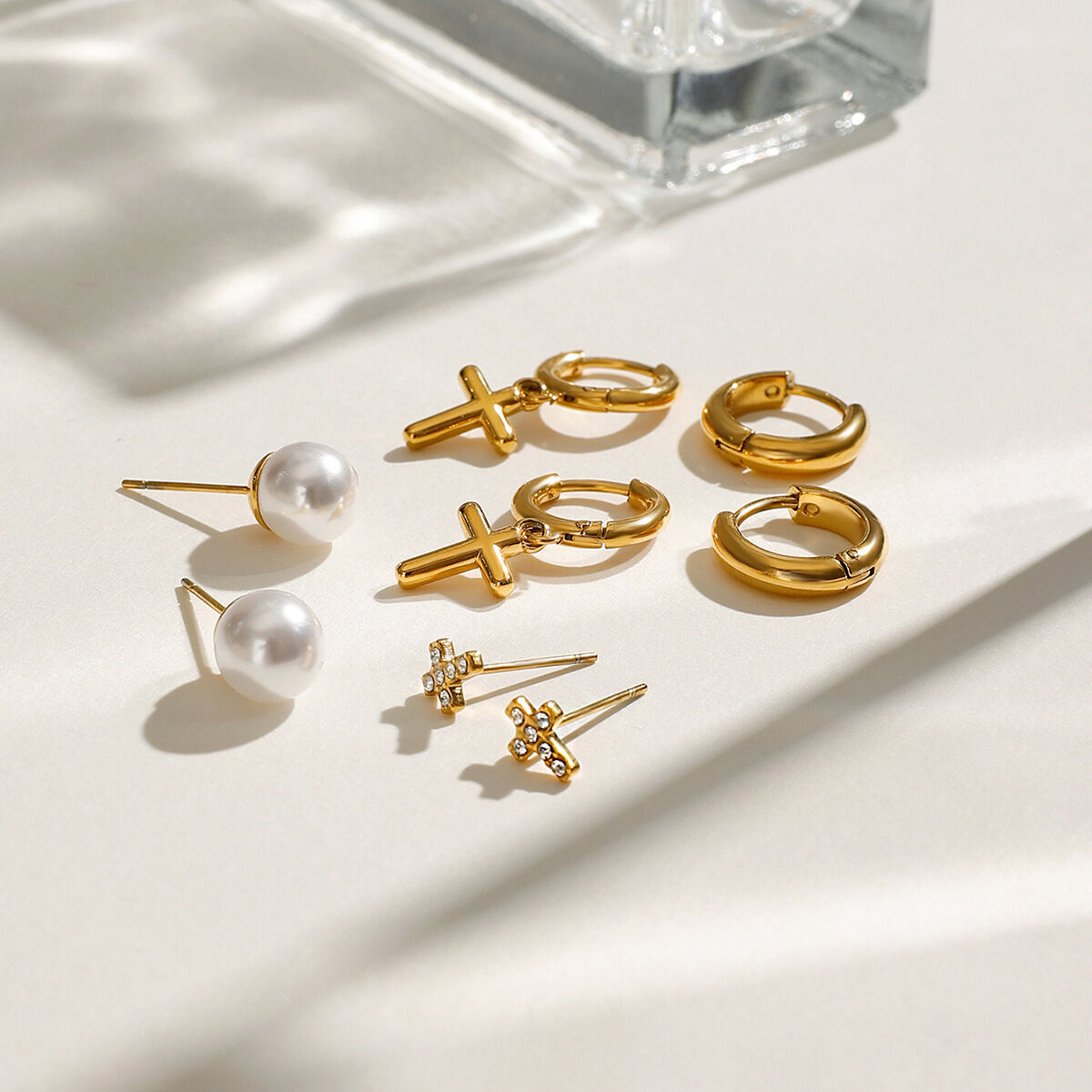 1 pair simple series elegant cross stainless steel  gold plated rhinestone women earrings set 2