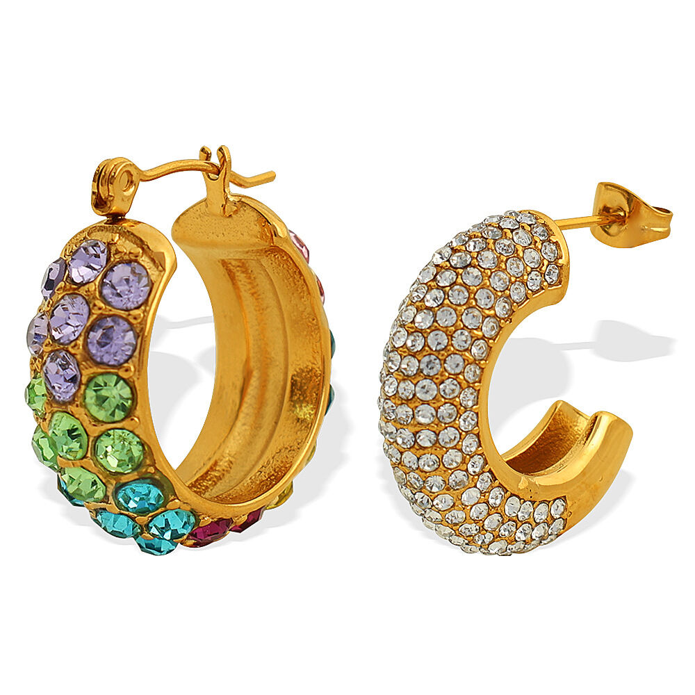 1 paio di orecchini a bottone da donna in acciaio inossidabile placcato oro, semplici e geometrici, con strass, di lusso h5Immagine9