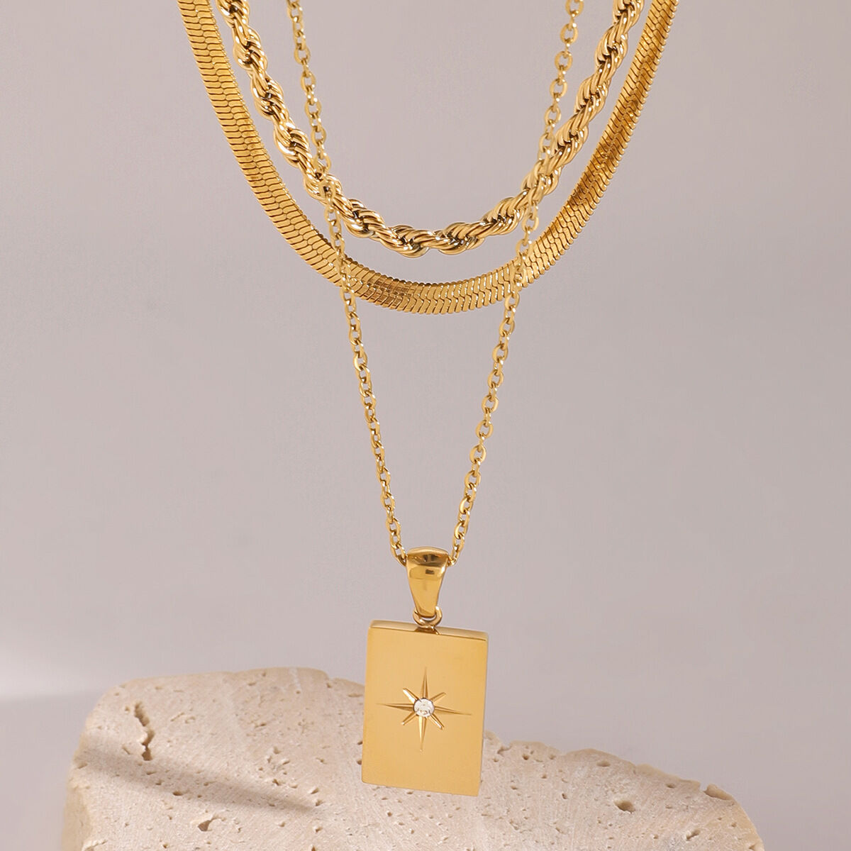 1 piece simple casual style square shape stainless steel  gold plated inlay white rhinestone women's layered necklace 2