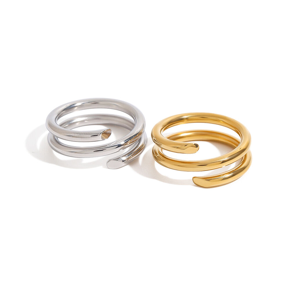 1 Stück Minimalistische Serie Schicker dreilagiger Kreisring aus Edelstahl, wasserdicht, goldfarben, Damenring h5Bild6