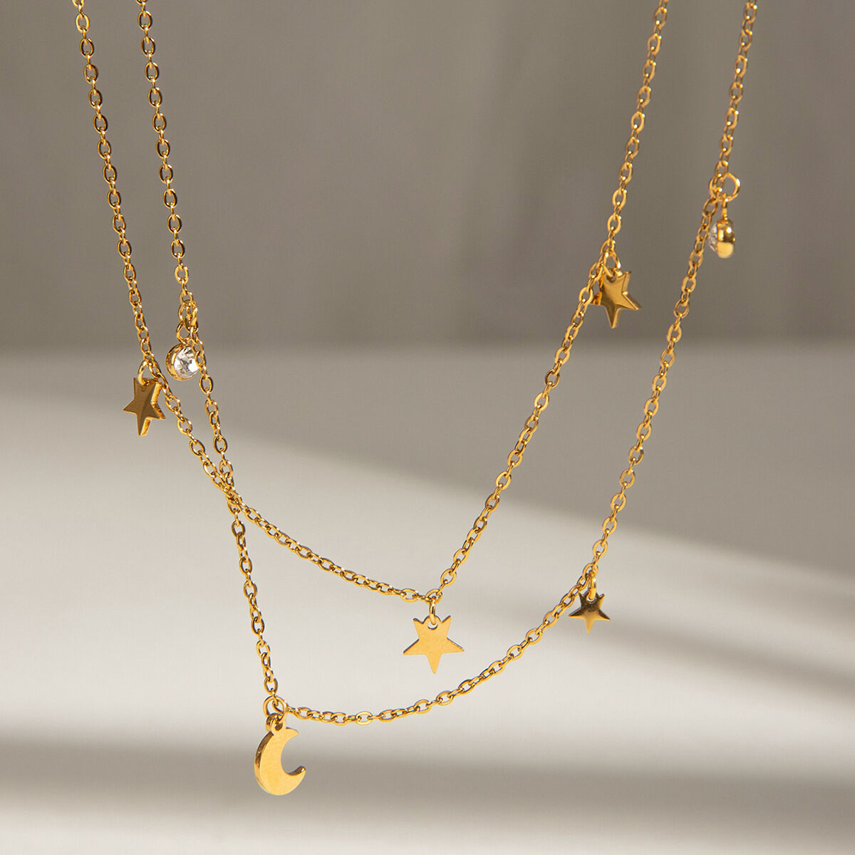 1 piece simple series elegant sun/moon stainless steel  gold plated rhinestone women layered necklaces