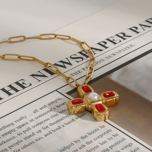 Collana con ciondolo da donna color oro impermeabile in acciaio inossidabile a forma di croce, 1 pezzo, serie lussuosa h5 Immagine8