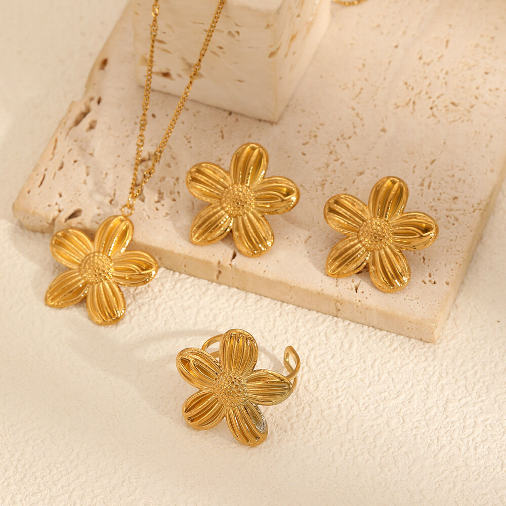 1 Paar wunderschöne, schicke Sonnenblumen-Halsketten aus Edelstahl, wasserdicht, goldfarben, für Damen. h5Bild3