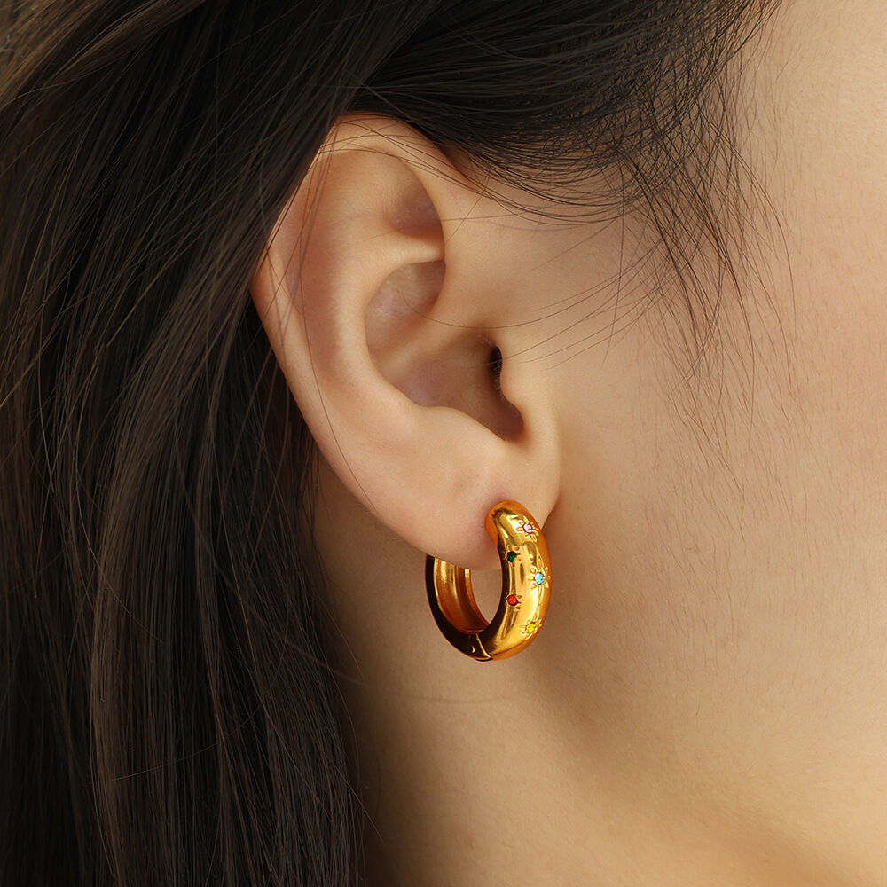 1 pair simple series retro geometric stainless steel gold plated rhinestone women hoop earrings Picture5