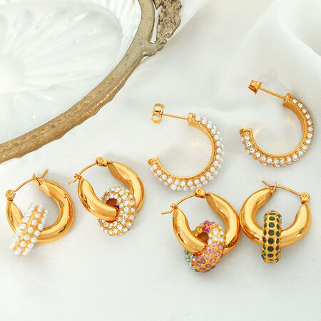 1 pair luxurious series retro geometric stainless steel gold plated zircon women hoop earrings