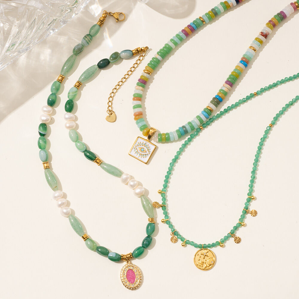 Collana con perline da donna in cristallo verde color oro, serie sofisticata, elegante, in acciaio inossidabile, impermeabile