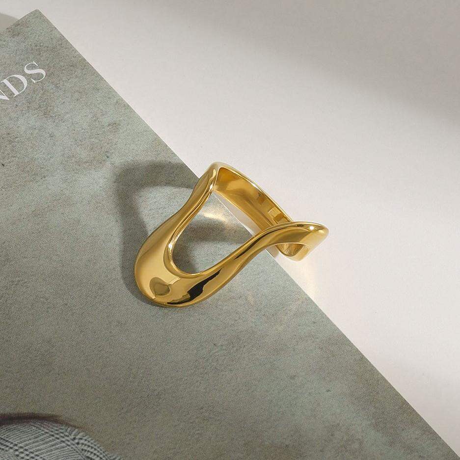 1 Piece Minimalist Series Irregular Line Shape Stainless Steel Waterproof Gold Color Women's Single Rings h5Picture4