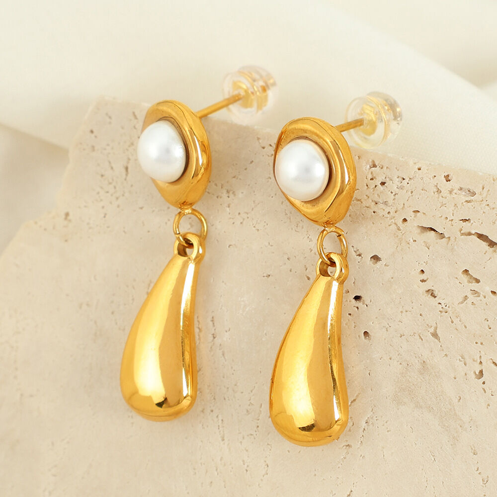 1 paio di orecchini piccoli dal design semplice e temperamento con perle galvaniche in metallo 18k, orecchini pendenti da donna, orecchini pendenti da donna retrò francesi Immagine4