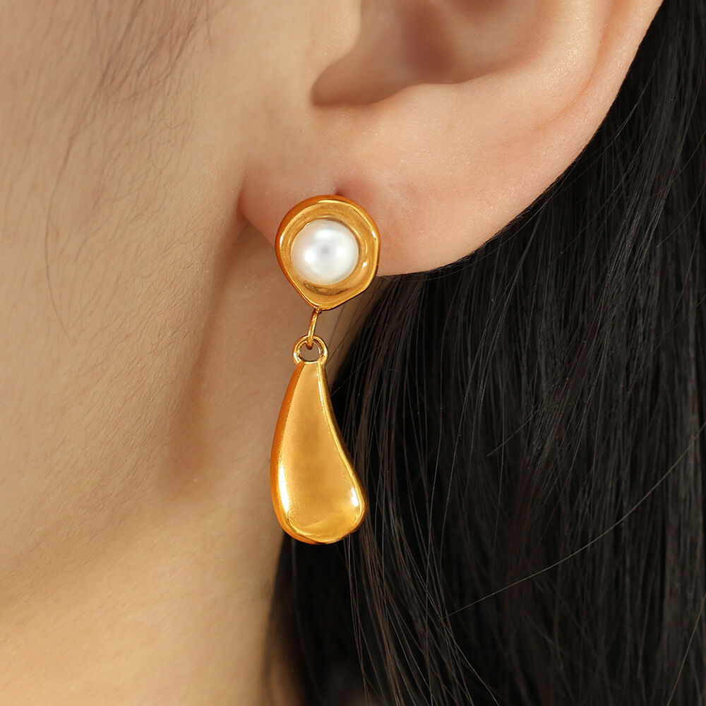 1 paio di orecchini piccoli dal design semplice e temperamento con perle galvaniche in metallo 18k, orecchini pendenti da donna, orecchini pendenti da donna retrò francesi h5 Immagine3