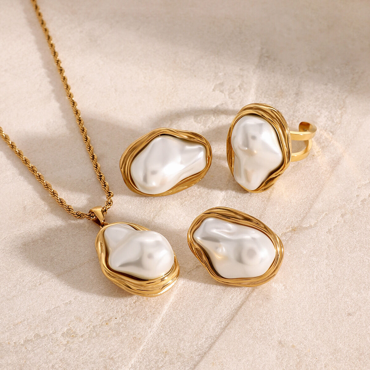 1 pair simple series elegant geometric stainless steel  gold plated shell women adjustable rings 2