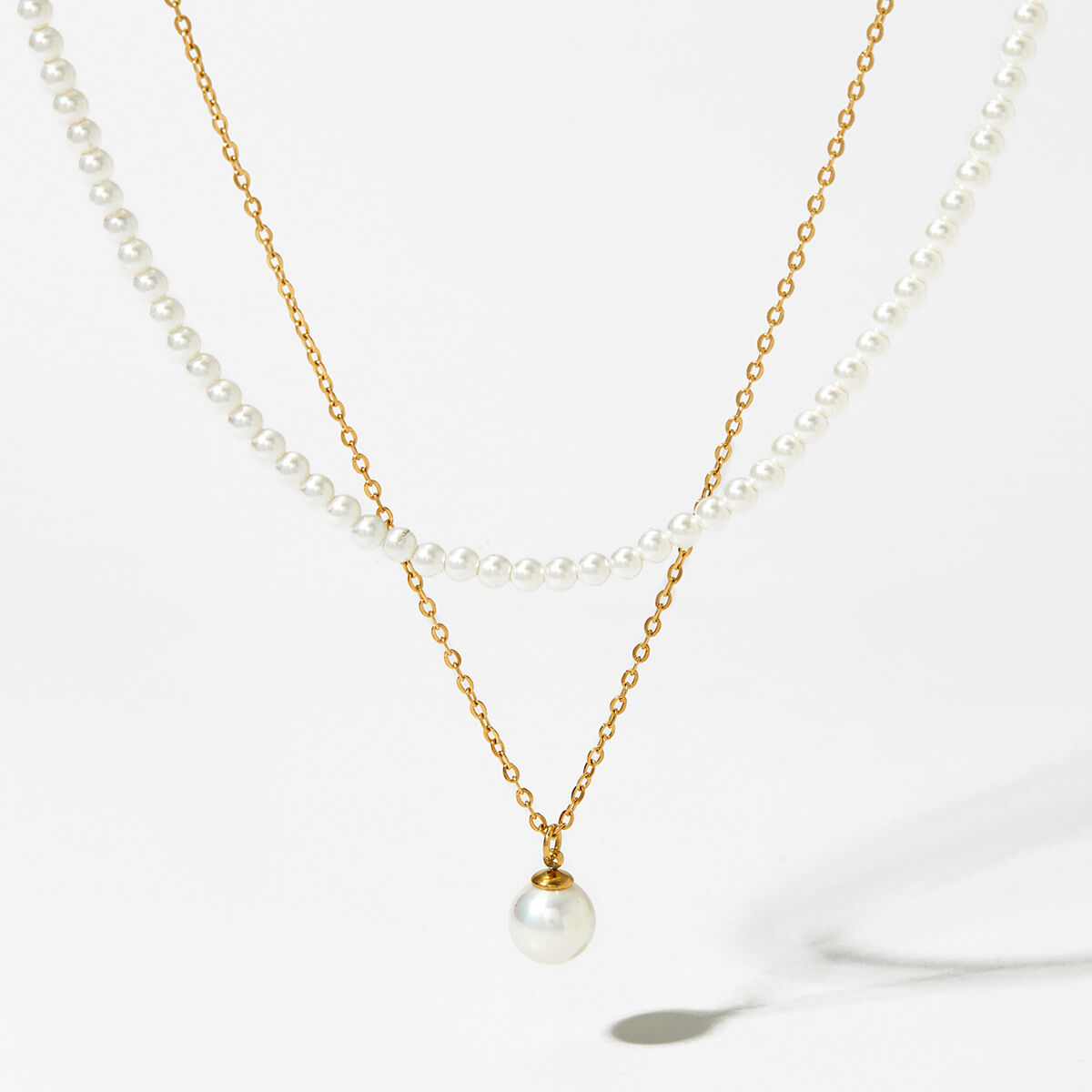1 pezzo semplice serie elegante perline in acciaio inossidabile placcato oro  perle artificiali donne collane a strati h5 Immagine5