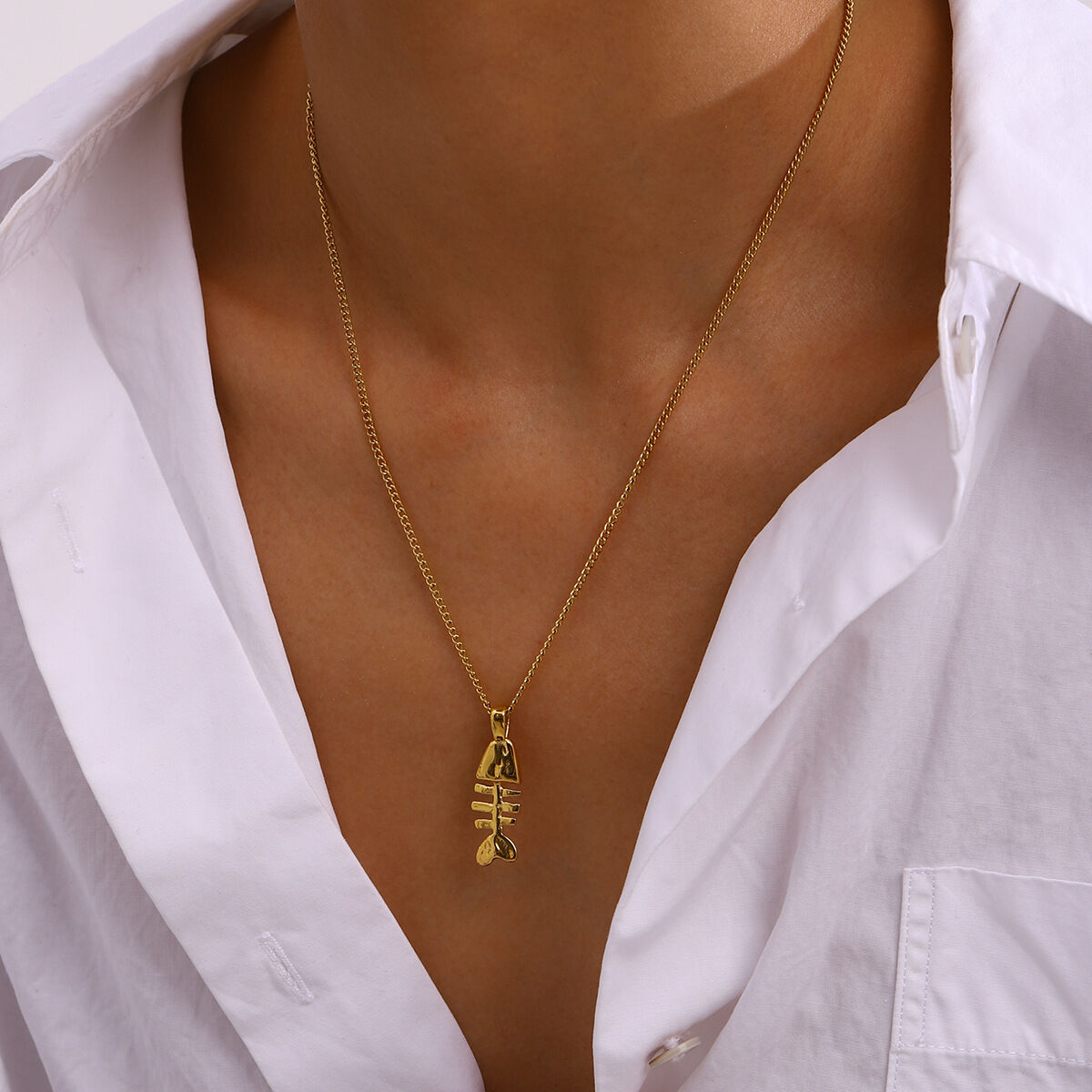 Collana con ciondolo da donna color oro impermeabile in acciaio inossidabile a forma di spina di pesce, serie classica, 1 pezzo h5 Immagine6