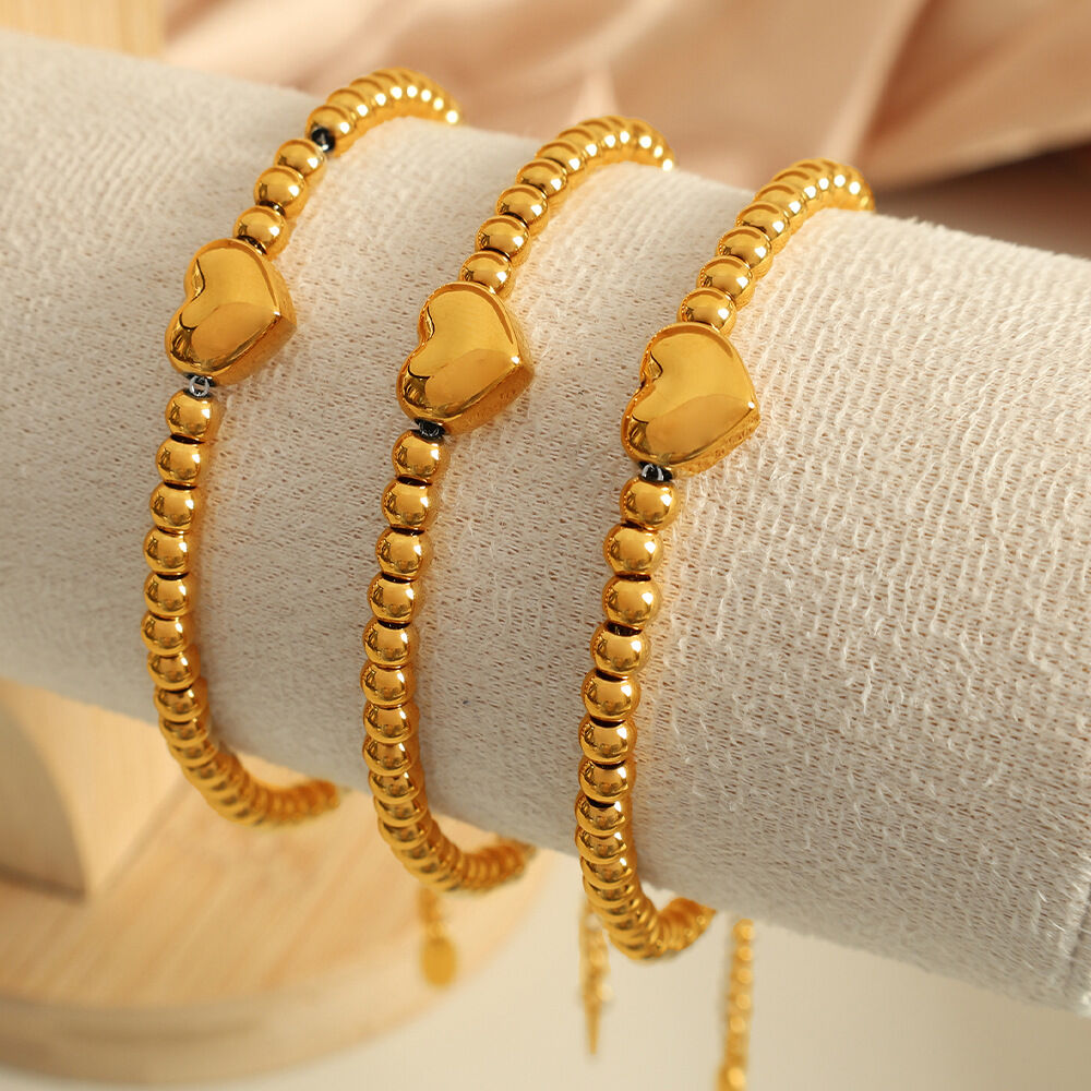 bracelet de perles rétro en acier inoxydable plaqué or  pour femme, série simple, motif cœur