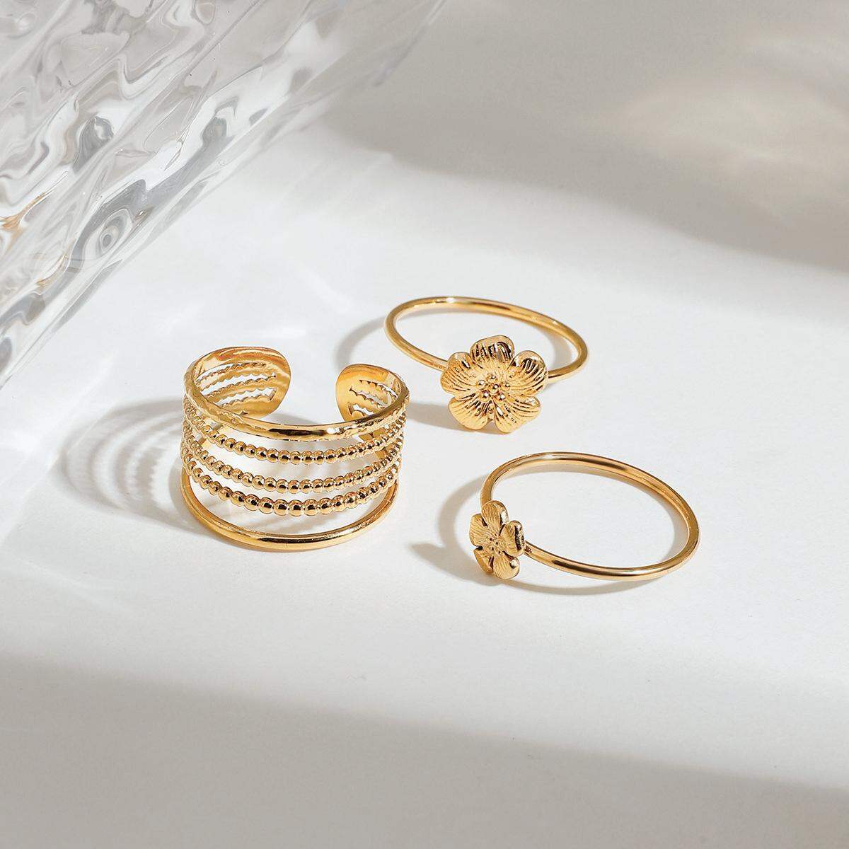 1 piece luxurious series chic  style flowers stainless steel gold color women's ring sets
