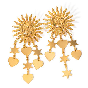 1 paire de boucles d'oreilles pendantes rétro soleil/lune en acier inoxydable plaqué or pour femme h5 Image6