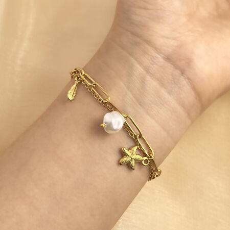 1 stuk Vakantieserie Dubbellaagse Exquisite Schelp Roestvrij Staal Waterdicht Goudkleurige Damesarmband met bedeltjes