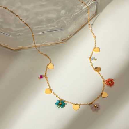 cross-border style gold stainless steel colored glass beads flower shape plus love pendant round bead chain jewelry