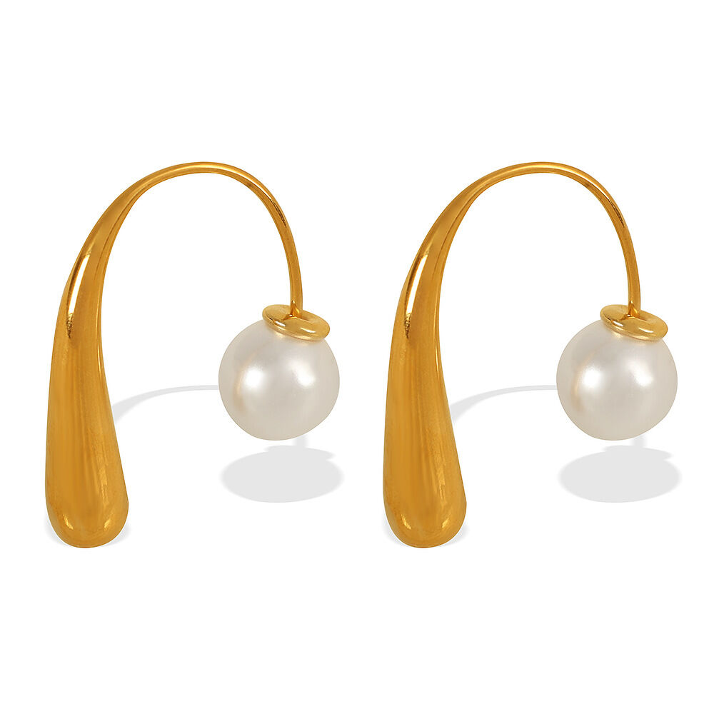 1 paire de boucles d'oreilles à tige géométriques simples en acier inoxydable plaqué or  avec perles artificielles pour femmes Image4