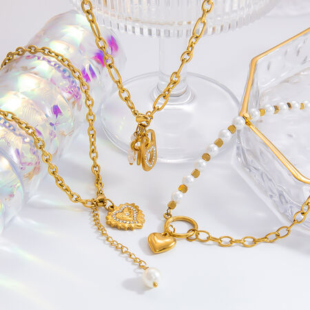 1 piece luxurious series elegant heart stainless steel gold color plated artificial pearl women's pendant necklaces