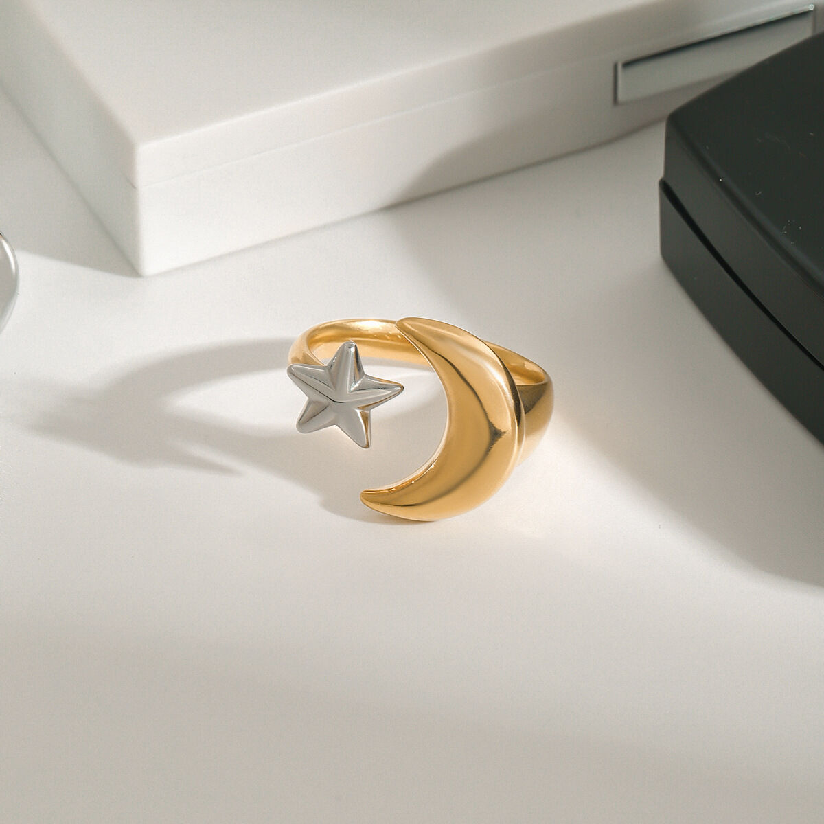 Anelli singoli da donna in acciaio inossidabile impermeabile color oro e argento con luna e stella, serie classica, 1 pezzo Immagine3