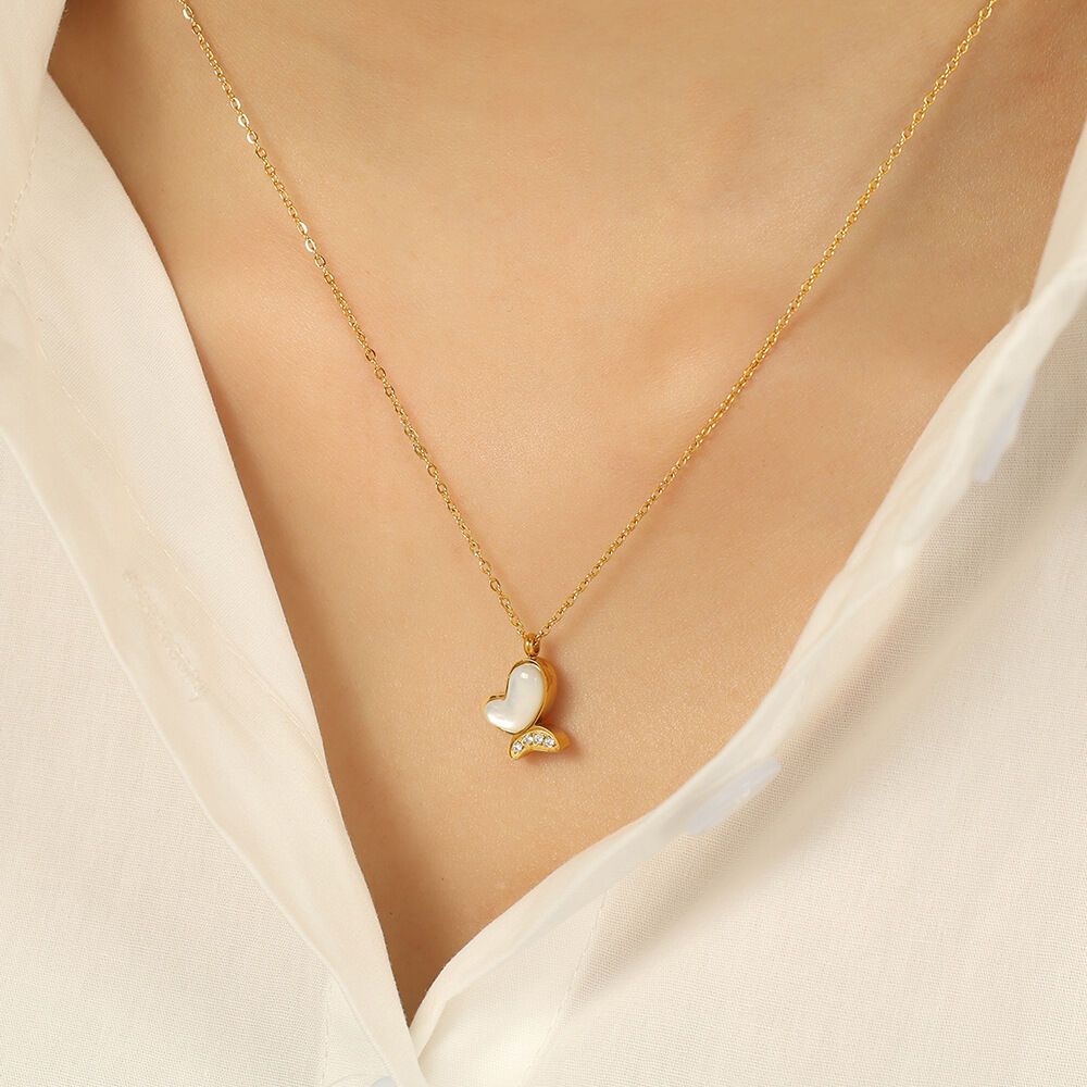 1 piece classic series natural butterfly titanium steel gold color plated shell women's pendant necklaces h5 Picture5