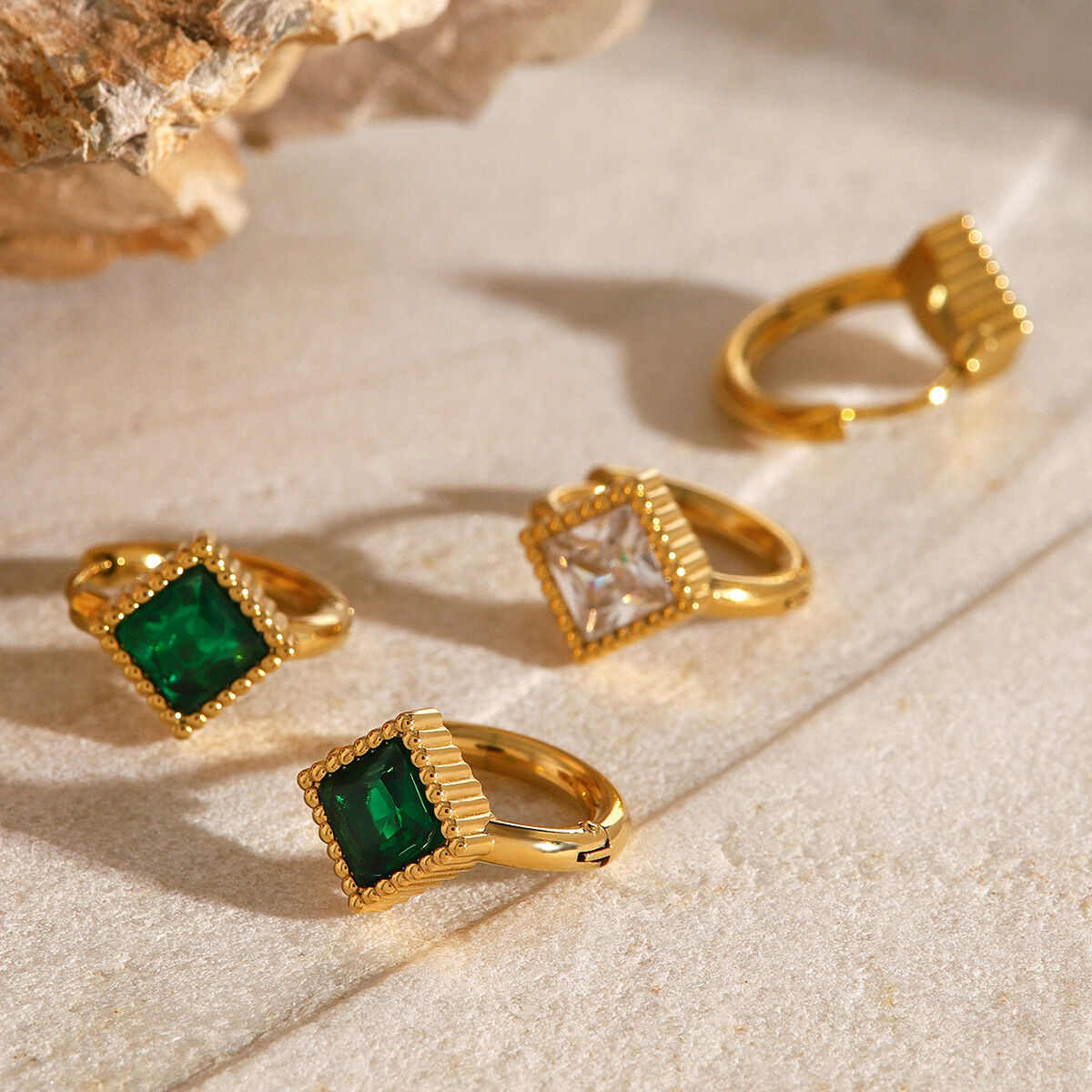 1 paire de boucles d'oreilles créoles rétro géométriques en acier inoxydable plaqué or  avec pierres précieuses artificielles pour femmes, série romantique h5 Image2