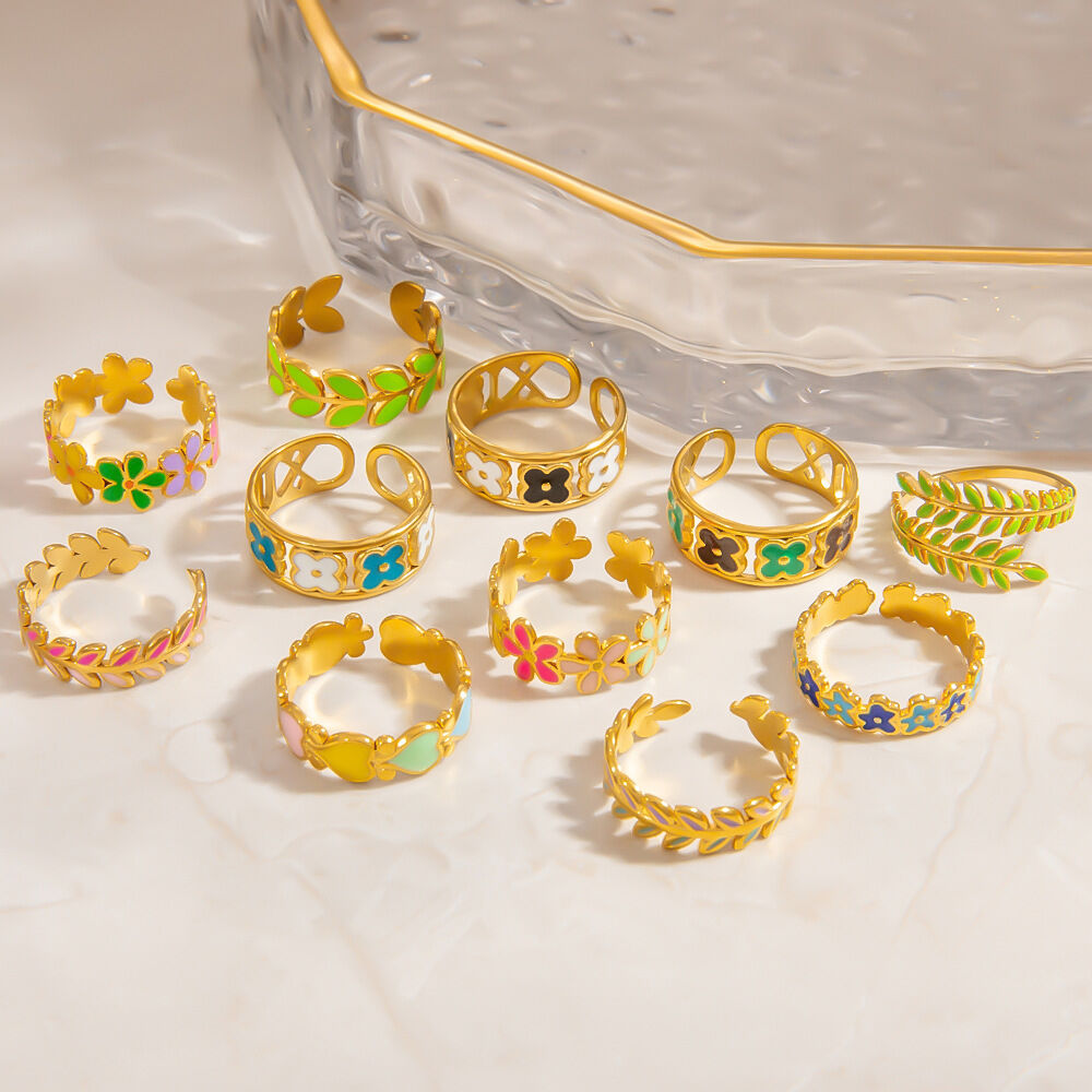 1 Piece Charming Series Exquisite Colorful Flower Oil- Glazing Stainless Steel Waterproof Gold Color Women's Adjustable Rings