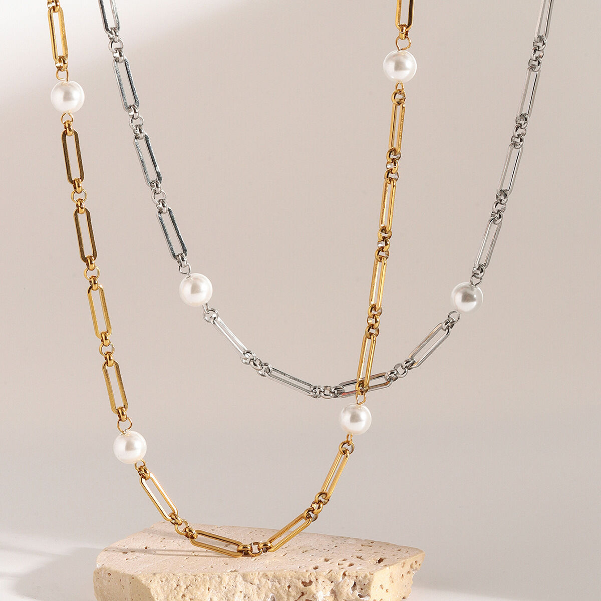 1 piece simple series elegant geometric stainless steel  gold plated artificial pearl women chain necklaces 2