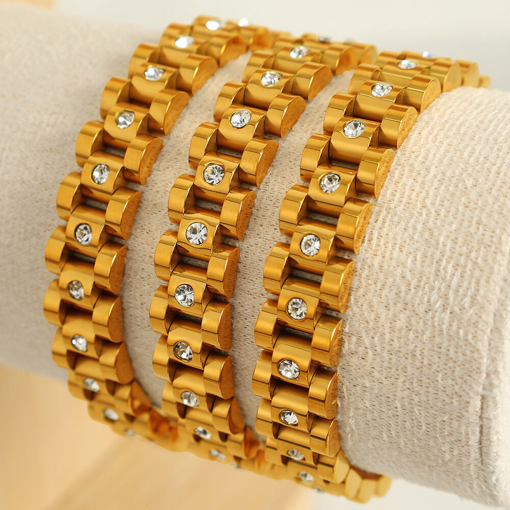 1 piece simple series retro geometric titanium steel gold plated rhinestone women chain bracelets