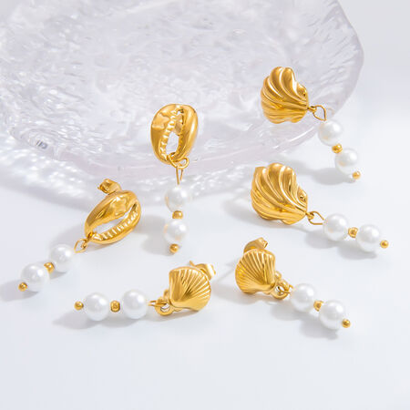 1 Pair Graceful Series Elegant Conch Shape Beads Stainless Steel Waterproof Gold Color Women's Beads Earrings