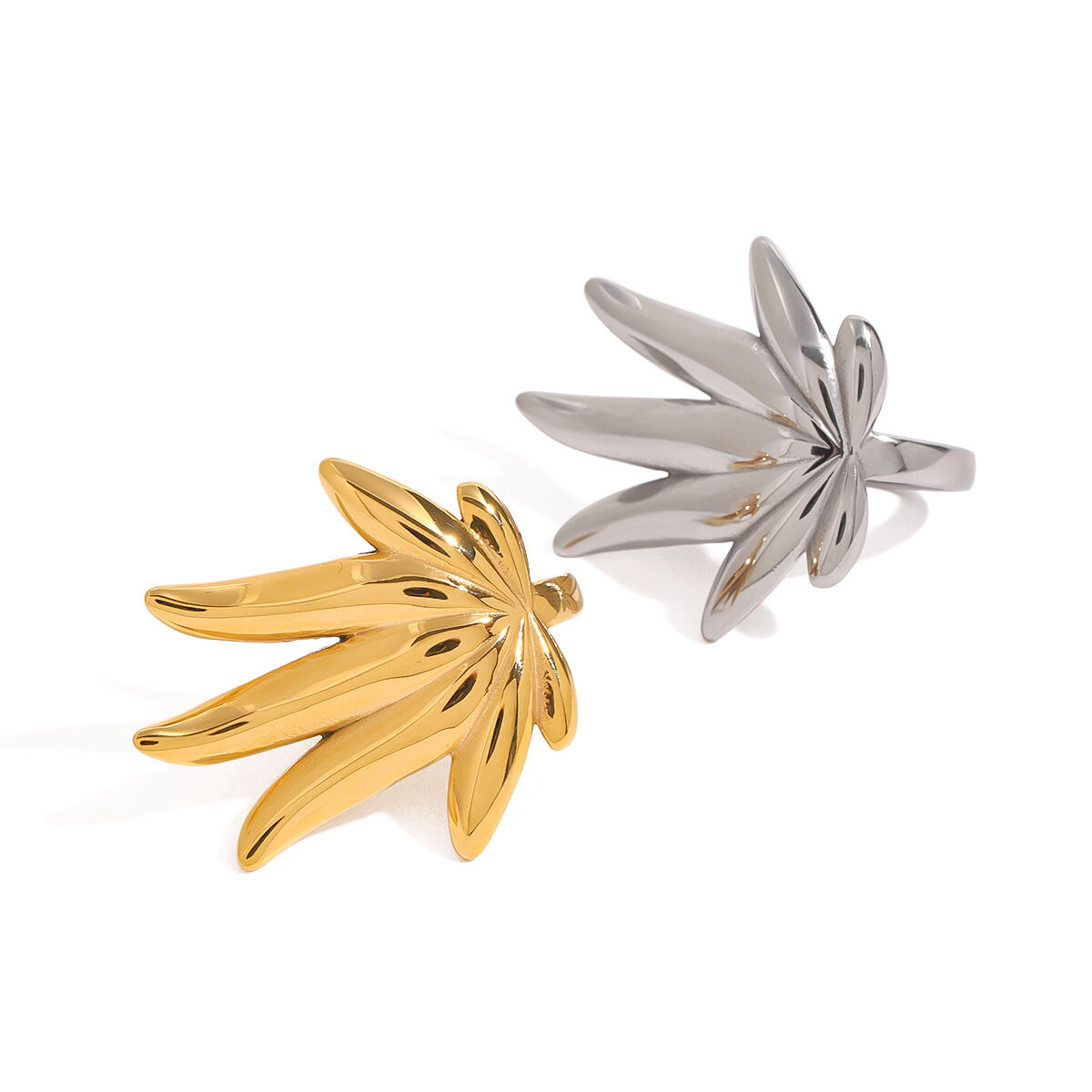 1 pezzo semplice serie stile foglie titanio acciaio colore oro anelli singoli da donna h5 Immagine6
