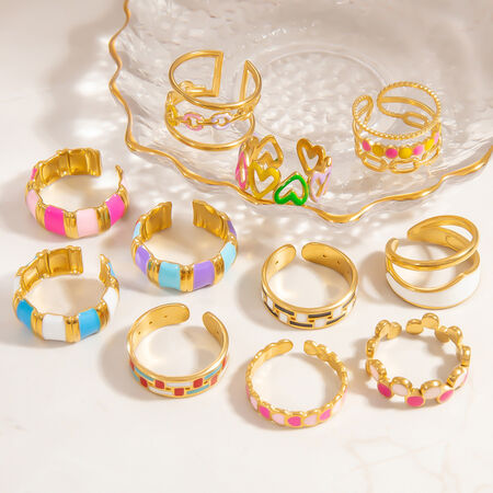 1 piece series vacation designable colorful oil- glazing heart stainless steel gold color women's adjustable rings